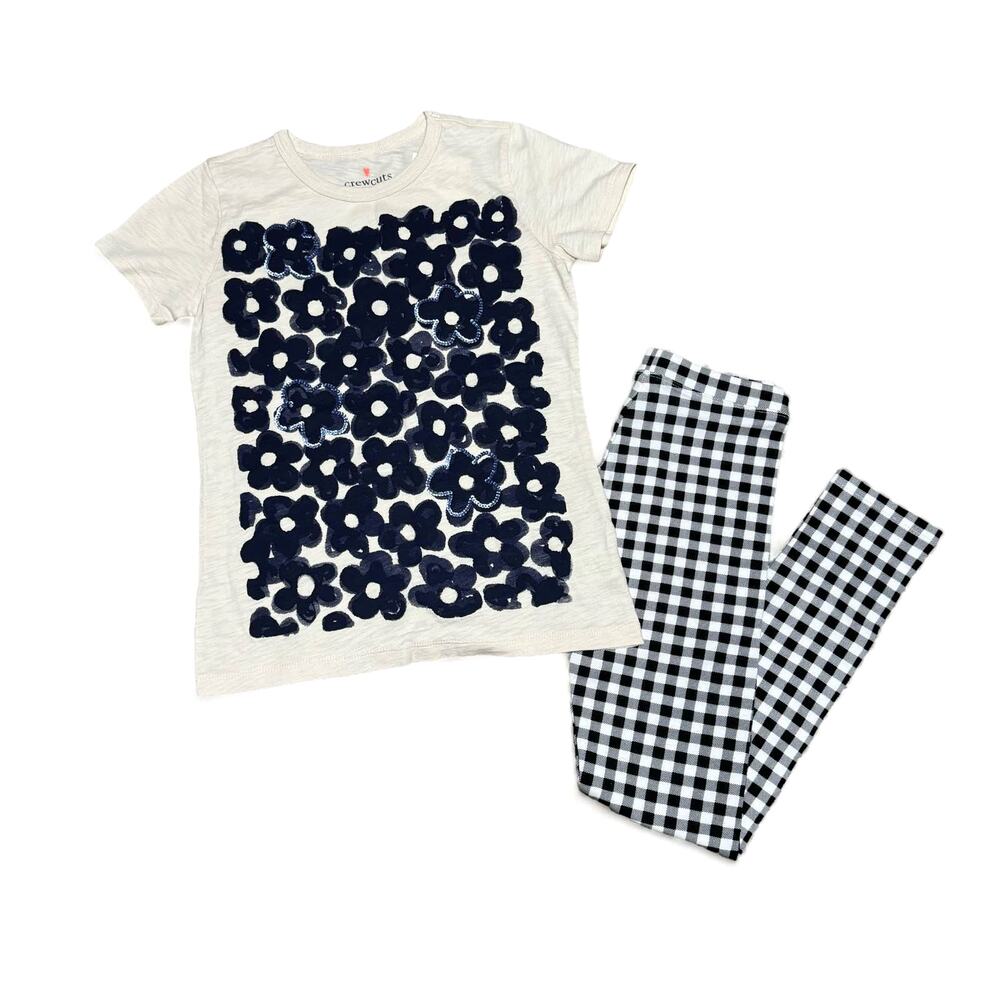 Crewcuts | NWT Cream Sequin Floral Shirt & Black White Gingham Leggings